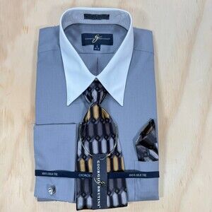 Giorgio Brutini Gray Fitted Dress Shirt 100% Silk Tie Set L 16 34/35 NEW